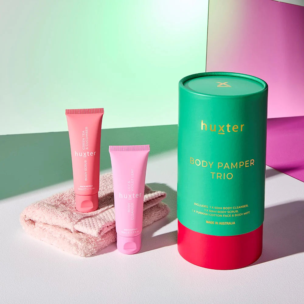 HUXTER Body Pamper Trio - Emerald Green with Bright Pink