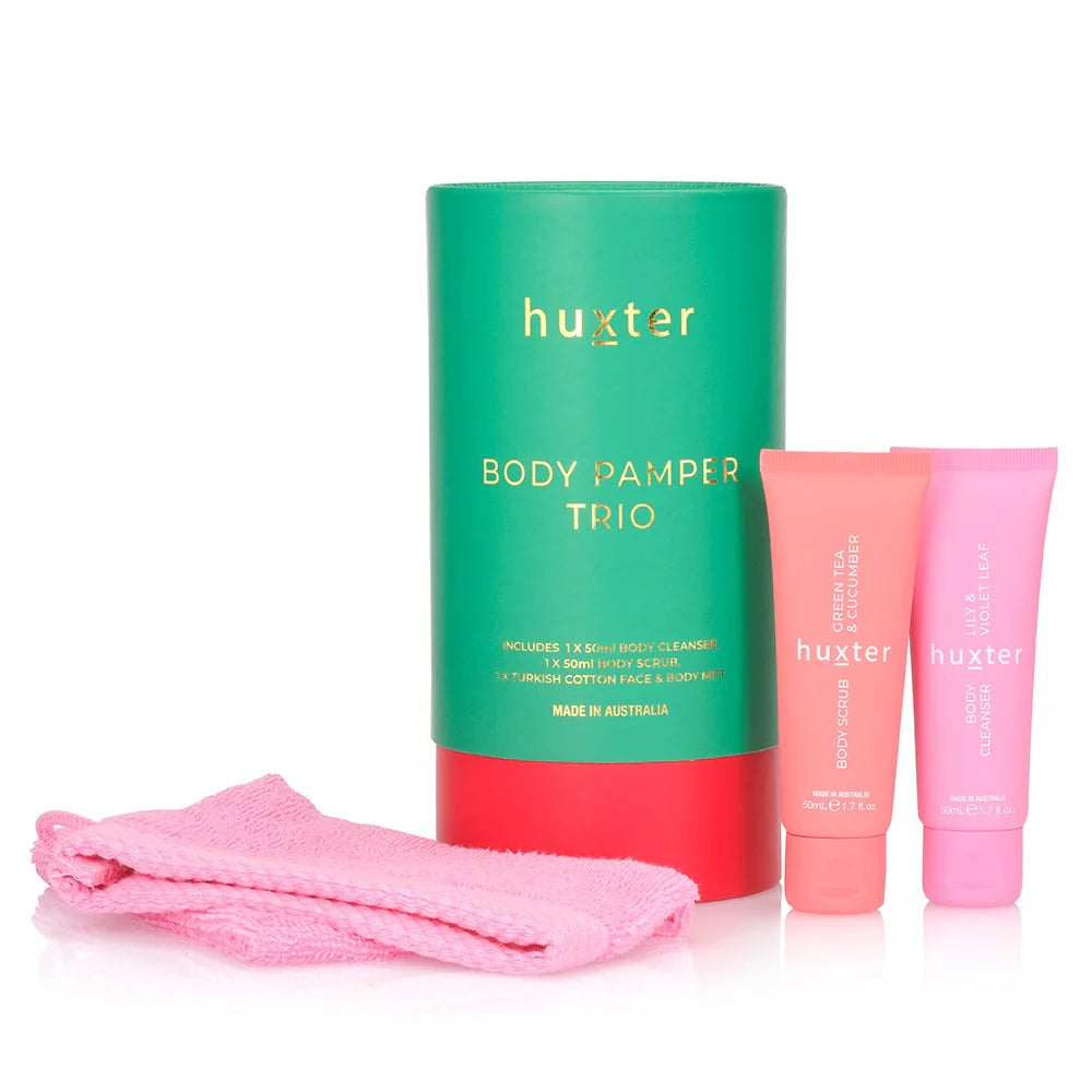 HUXTER Body Pamper Trio - Emerald Green with Bright Pink